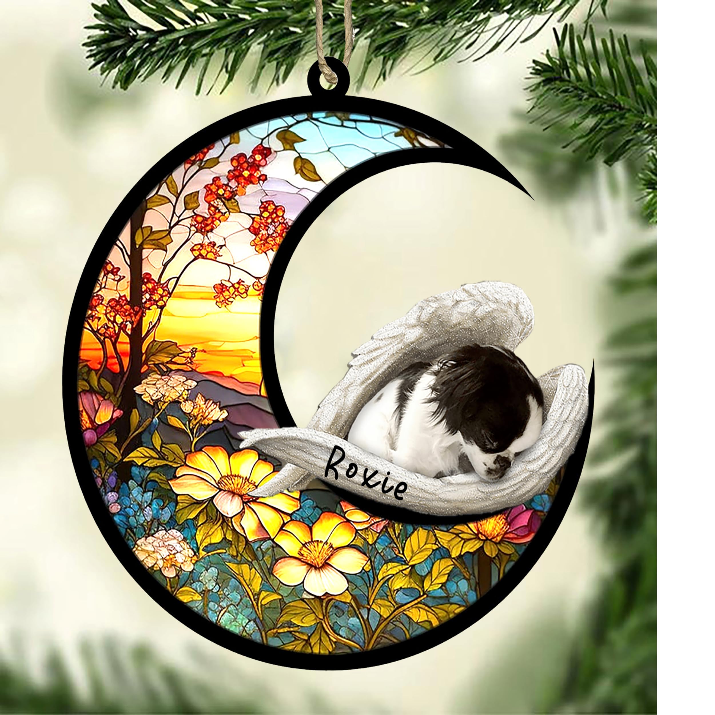 Personalized Japanese Chin Dog Memorial Suncatcher, Japanese Chin Christmas Ornament with Name, Pet Loss Catcher, Gifts for Dog Lovers Loss of Dog, Japanese Chin Sleep on Haven