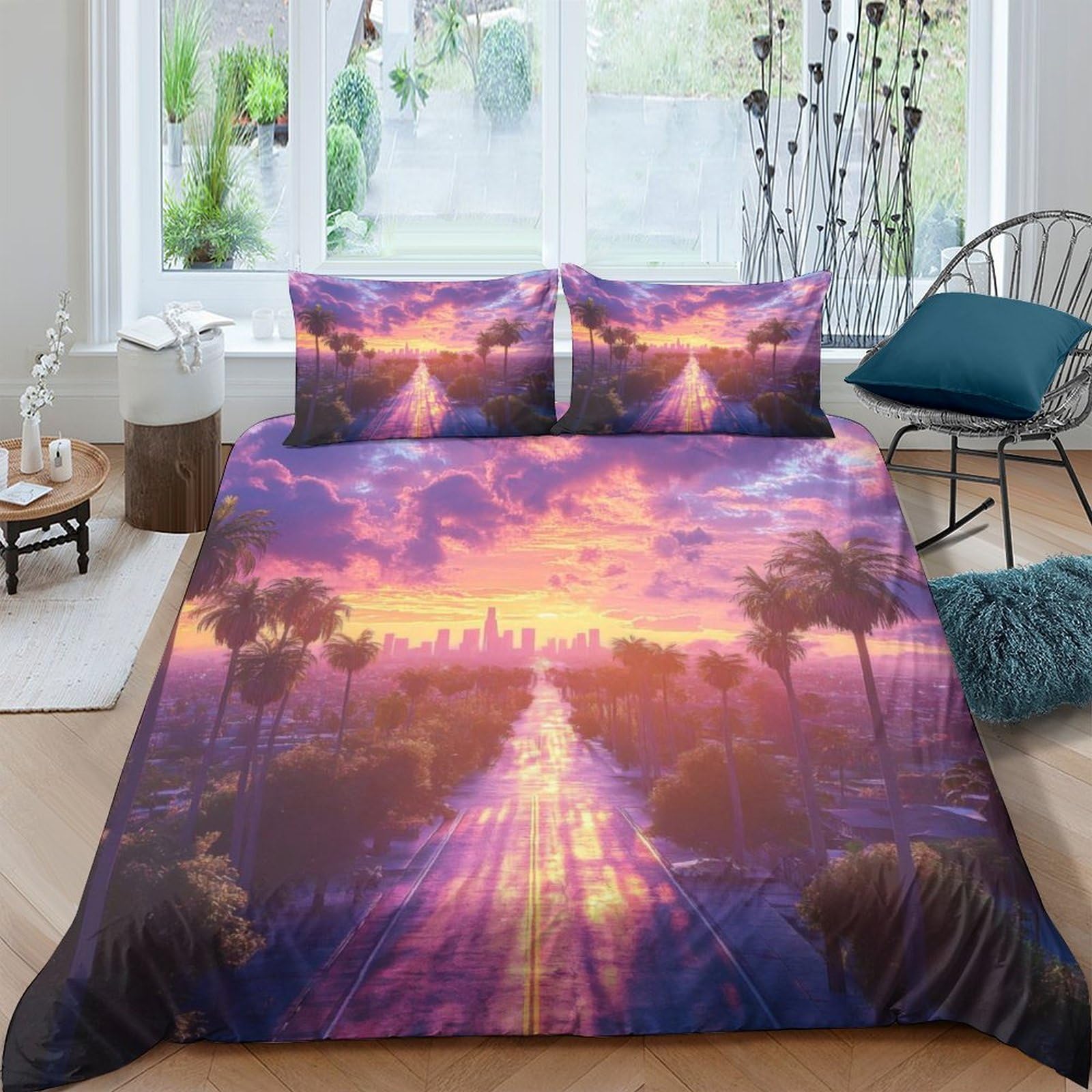 TUFRTGYHN 3D Printed Sunset Lake Duvet Cover Microfiber Soft Breathable Forest Reflection Bedding Set with 2 Pillowcases for Bedroom Decor Single（135x200cm）