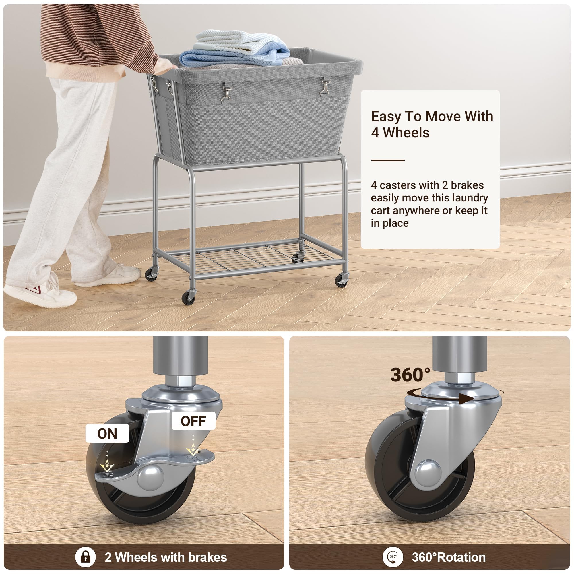 ELYKEN Cesto portabiancheria su ruote, cesto portabiancheria con ripiano in metallo resistente, 120 l, organizer per lavanderia, camera da letto, bagno ETHLC07G1