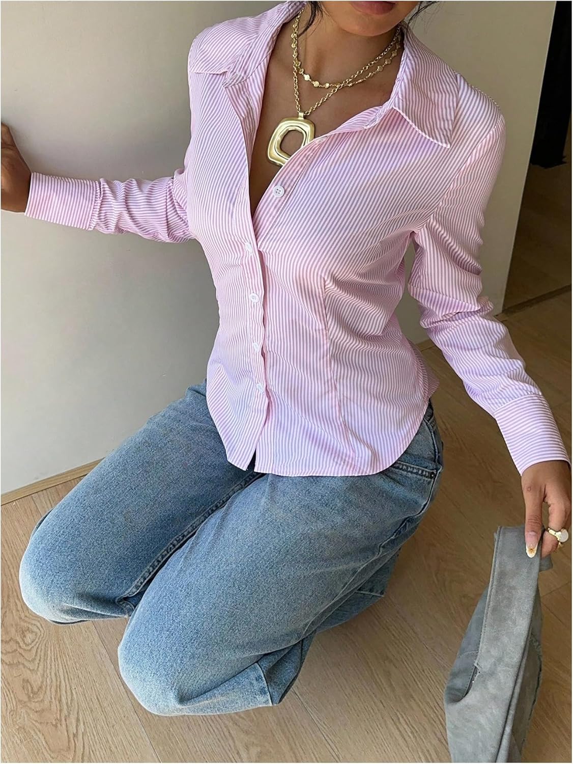 GORGLITTER Women's Striped Fitted Tops Lace Up Tie Back Shirt Y2K Long Sleeve Collared Button Down Blouse - Image 3