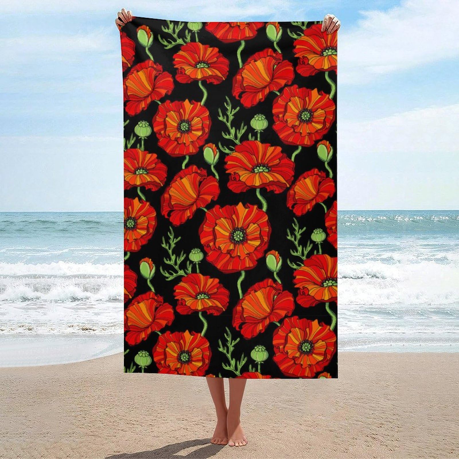 LEDFCVSU Beach Towel, Red Poppy Flowers Bath Towel, Absorbent Towel for Swimming, Sports, Travel