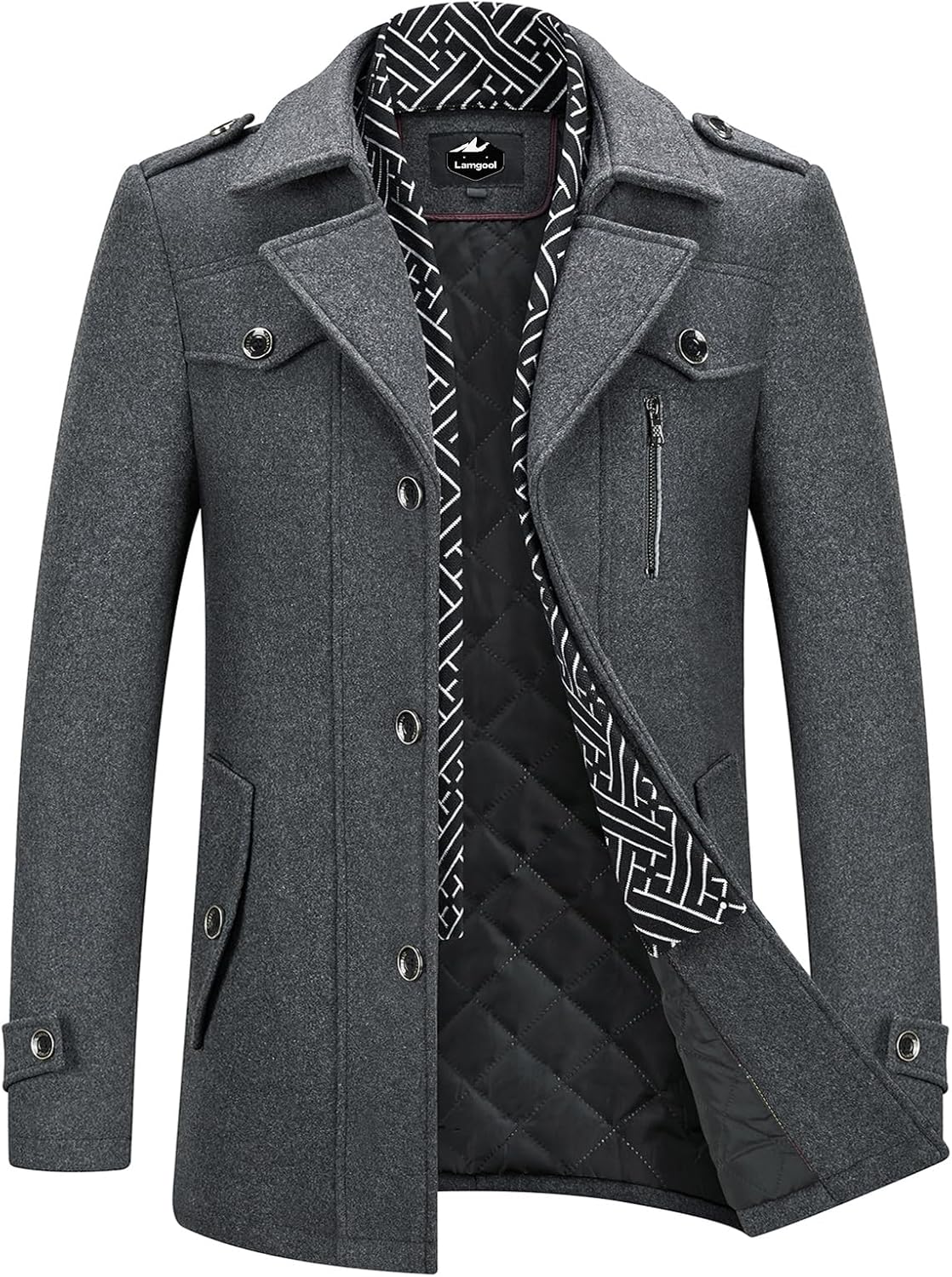 Lamgool Men's Winter Mid Length Wool Blend Coat Single Breasted Peacoat with Removable Scarf