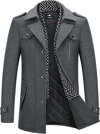 Lamgool Mens Winter Mid Length Wool Blend Coat Single Breasted Peacoat with Removable Scarf