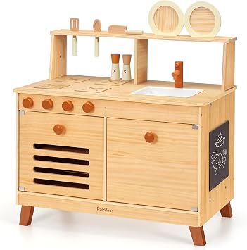 PairPear Play Kitchen for Kids, Large Natural Wood Kids Kitchen Playset