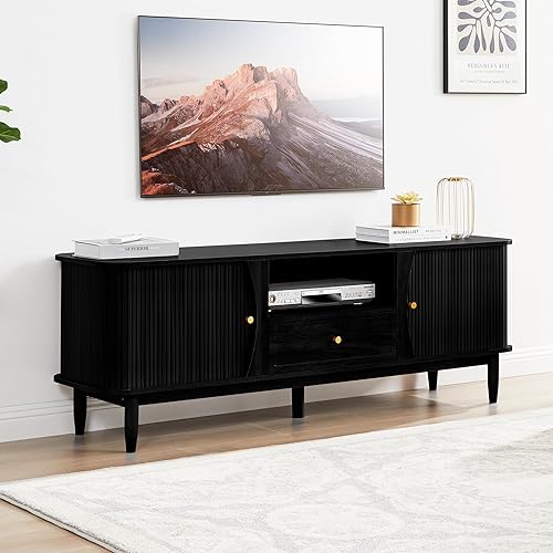 Miniatura 31 de Soporte de TV, mesa consola multimedia con puerta corredera y compartimento de almacenamiento, centro de entretenimiento moderno con almacenamiento