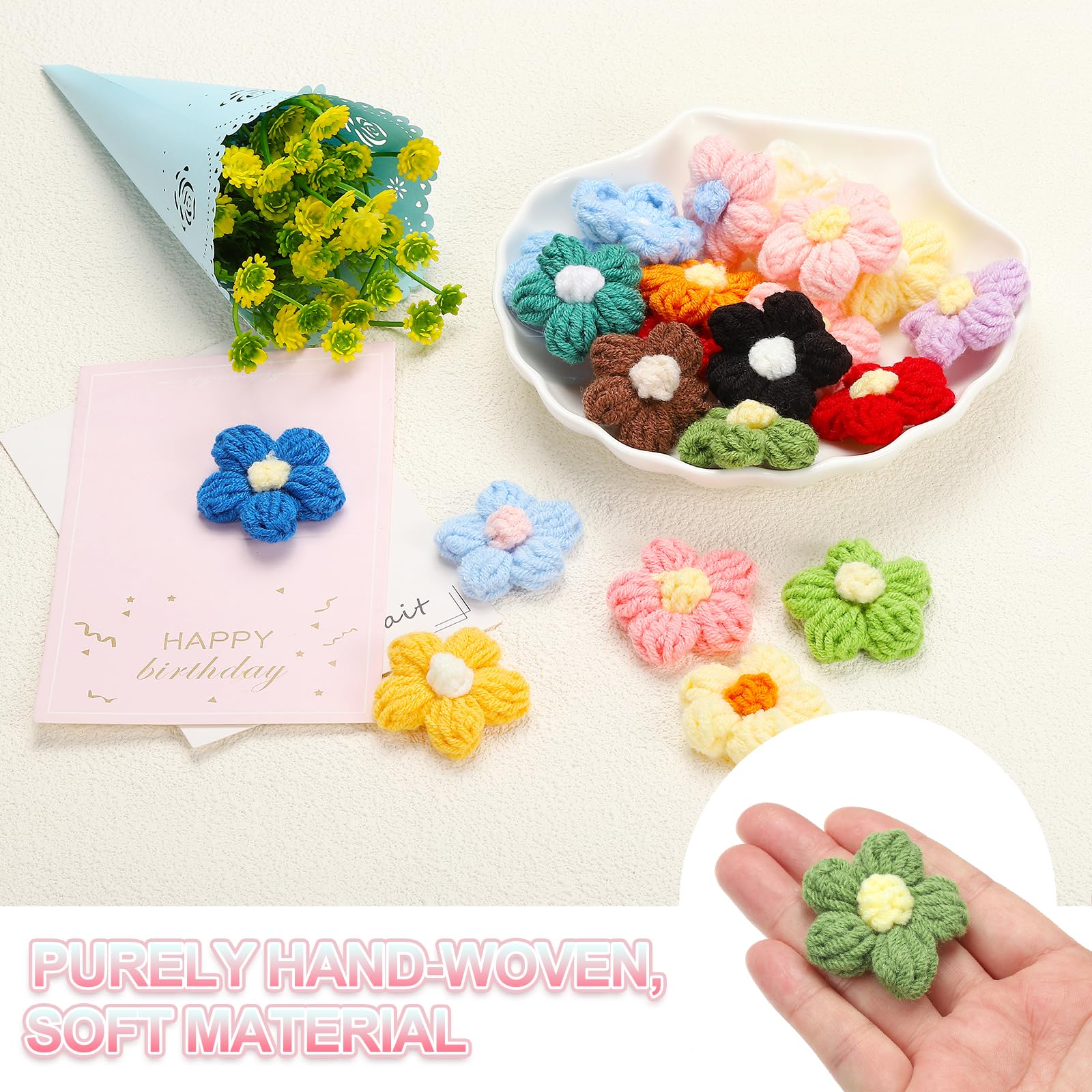 PATIKIL 50 Flores De Ganchillo A Mano (Lila Claro/Amarillo) – Aplicaciones Para Costura, DIY, Ropa Y Decoración De Fiestas