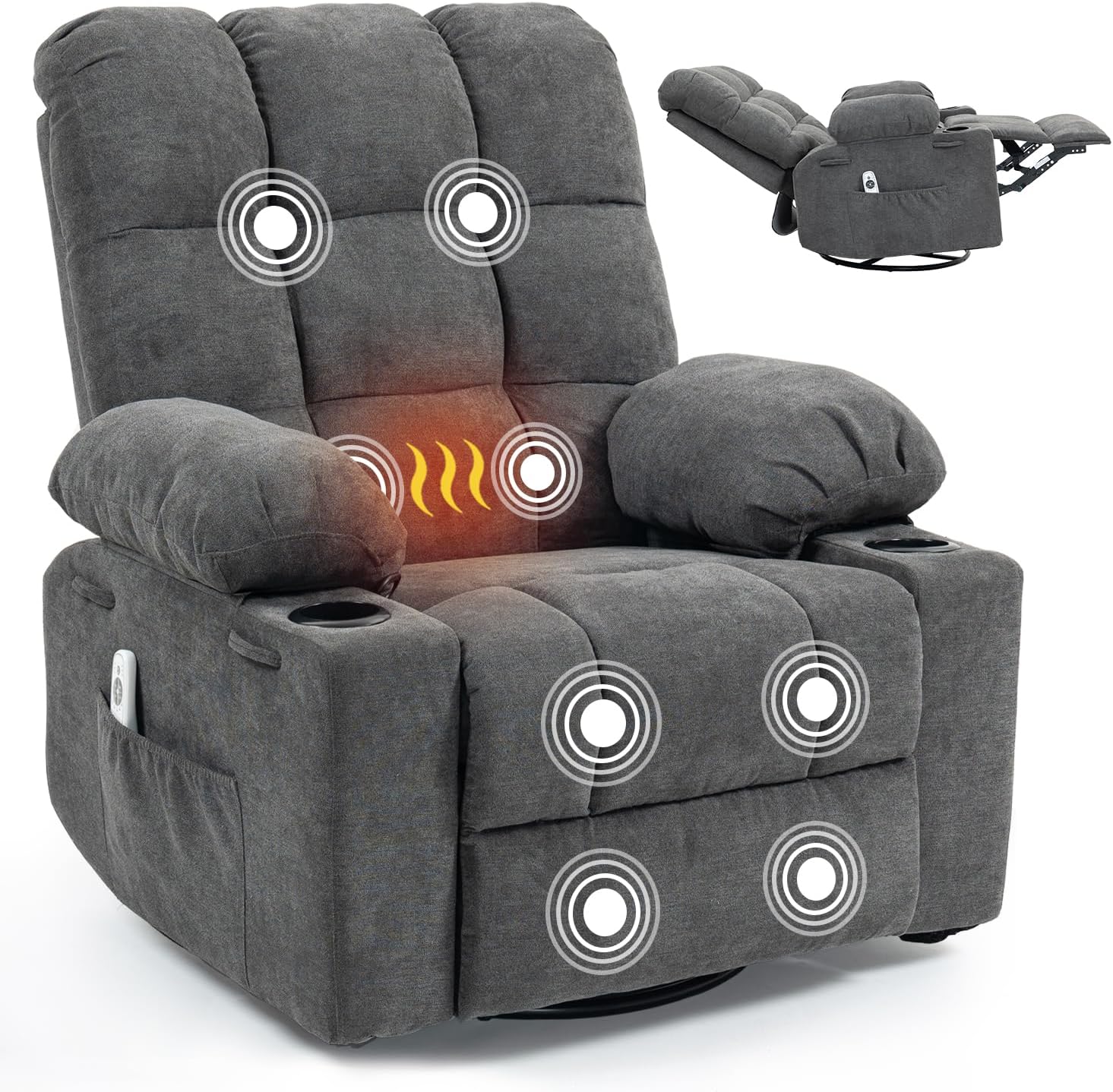 Quiet Massage Recliner Chair with Heat, 360 Swivel Rocker Glider for Nursing, Back Pain Relief, Manual Overstuffed Single Sofa with Cup Holders & Side Pockets, Dark Gray