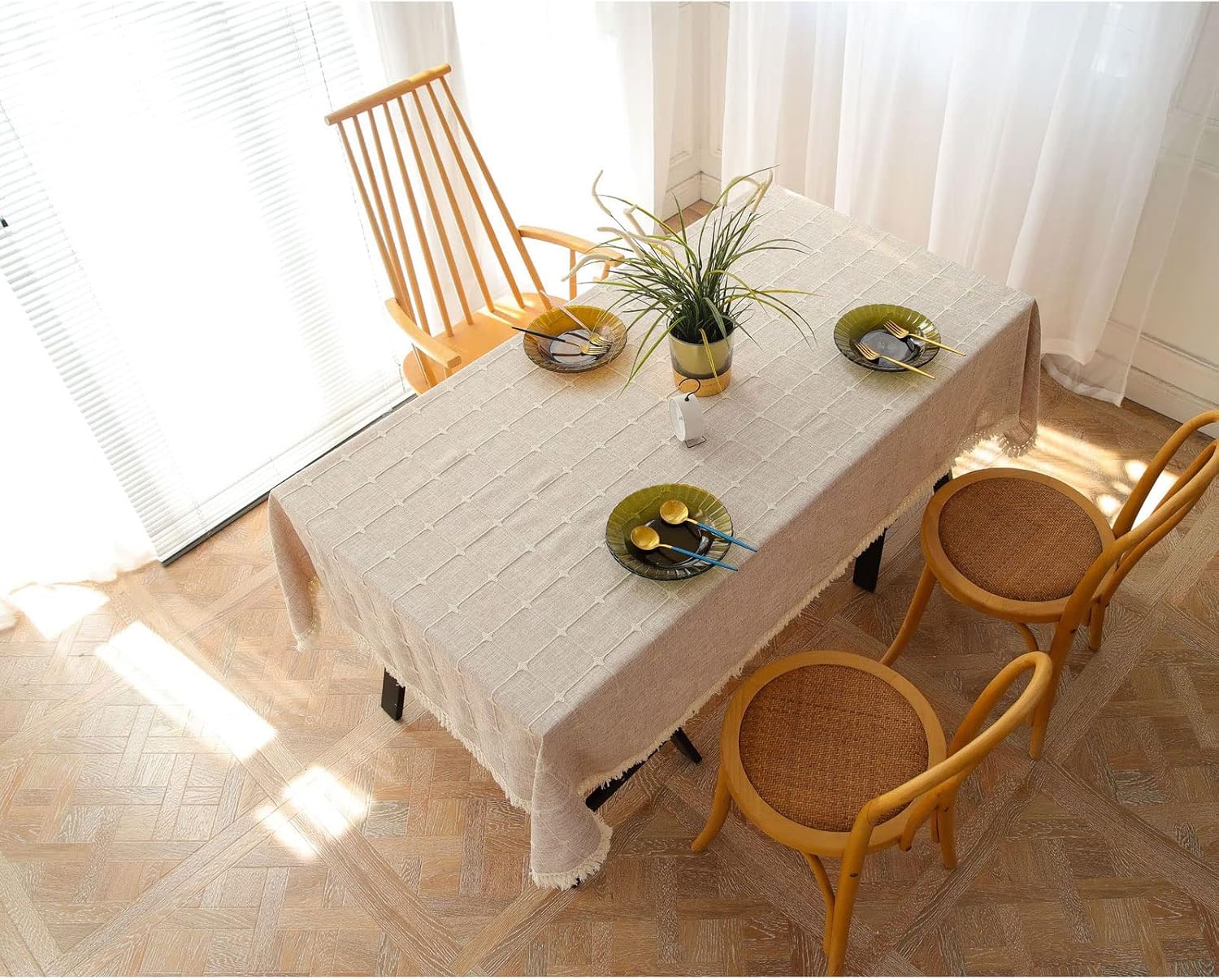 Embroidered Tassel Tablecloth Dust Cover Coffee Table Cover Towel Home Tablecloth Picnic Mat,Beige,140 * 260cm