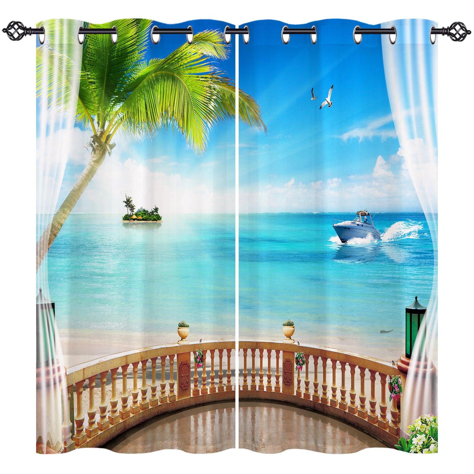 ANHOPE Beach Curtains Eyelet Ring Top Soft Thermal Insulated Blackout Curtains Balcony Ship Ocean Island Print Pattern Decorative Window Drapes for Bedroom Living Room 30 x 63 Drop Inch 2 Panels