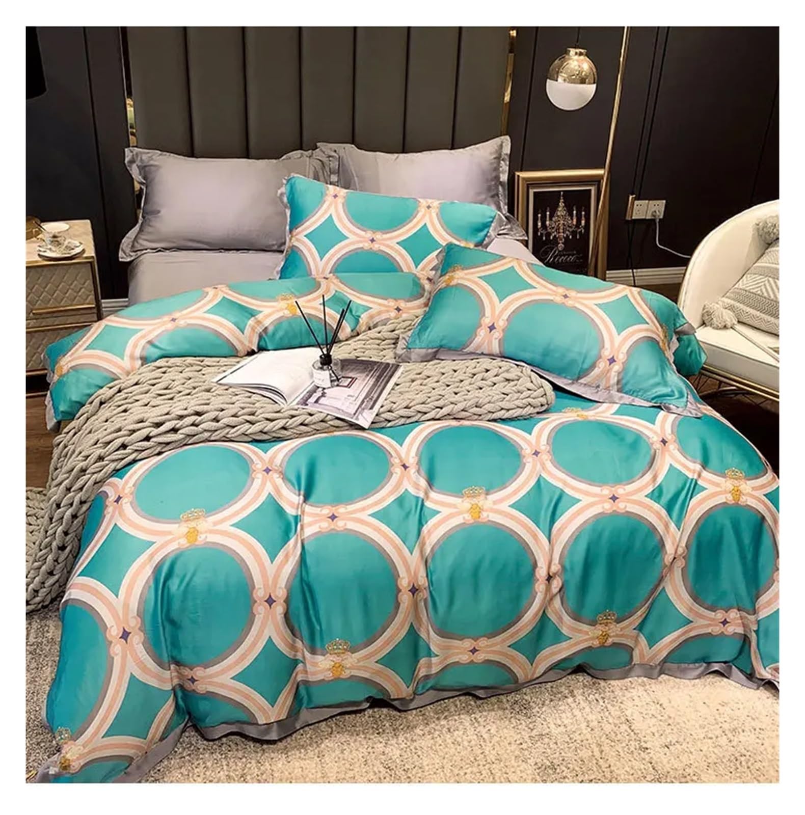 Sbcgfy E Duvet Cover Sets, Luxury Silk Floral Bedding Sets Queen King Siz Green Pink Sliver Blu Printed Duvet Cover Silk Comforter Bed Kit,-Queen