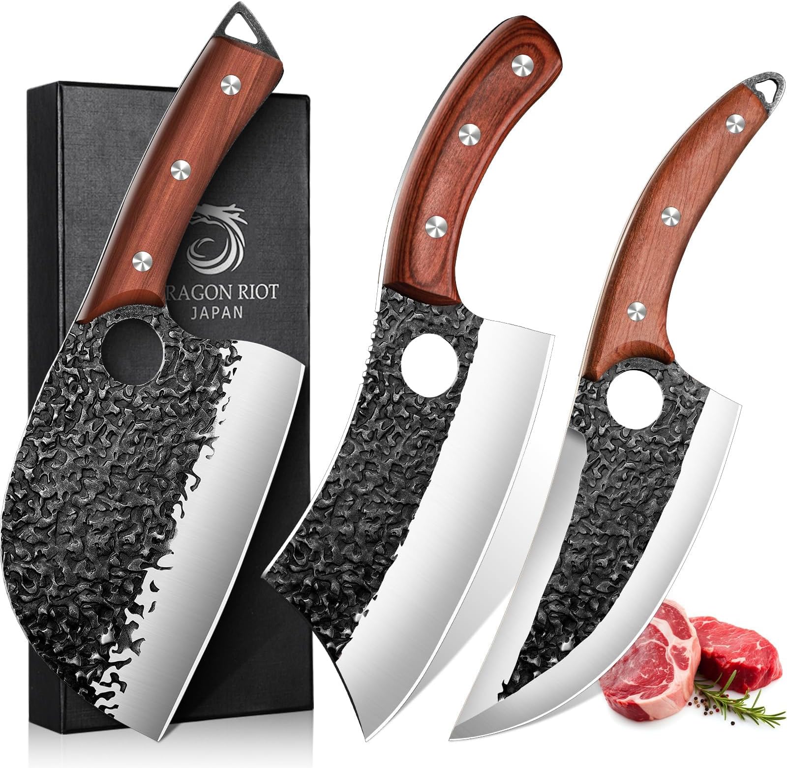 Professional Butcher Knife Set for Meat Processing, 3Pcs High Carbon Steel Hand Forged Serbian Cleaver Chef Knife Set with Ergonomic Handles for Kitchen Outdoor Cooking