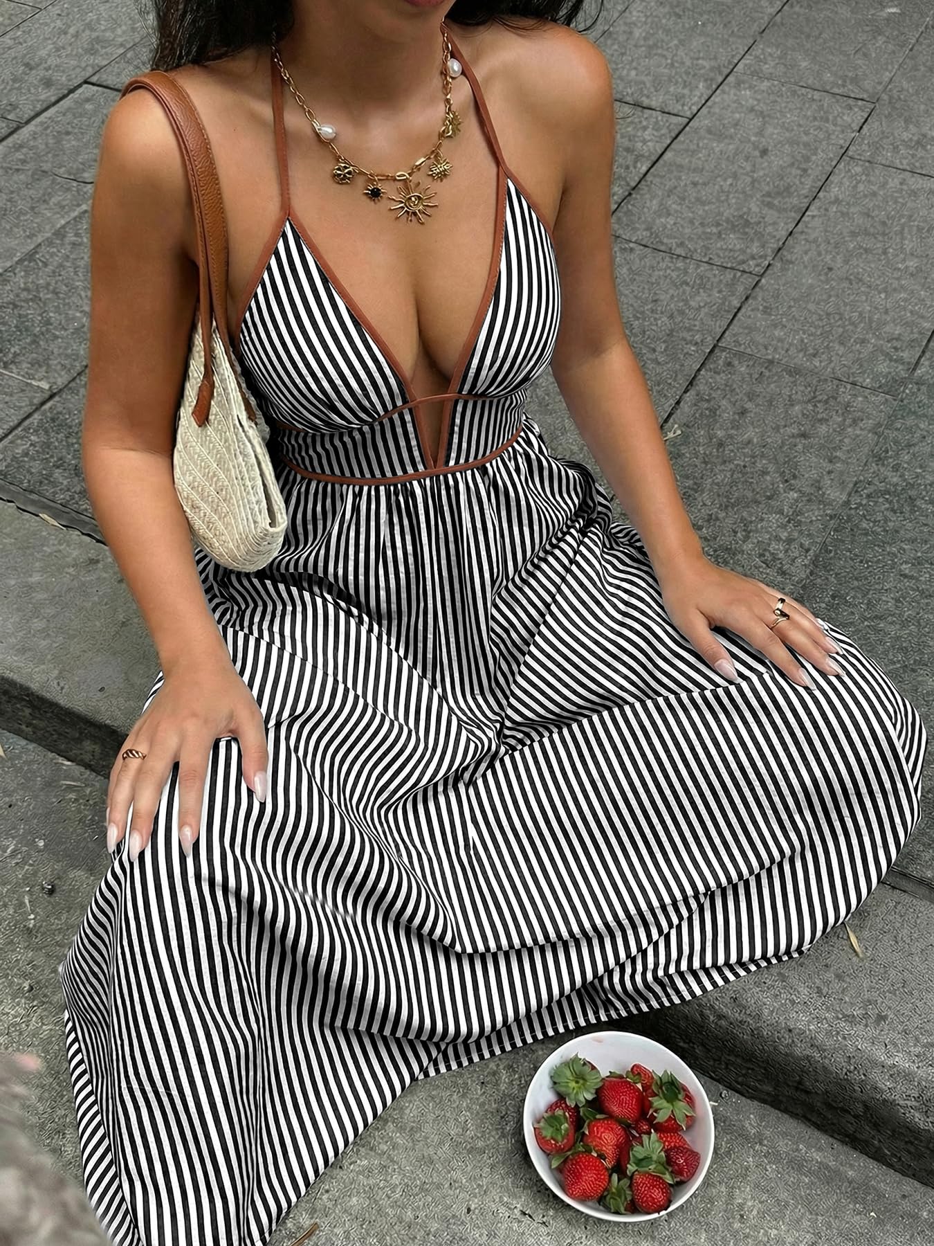 Robe longue à rayures dos nu sans manches pour femme, dos nu, robe longue d'été décontractée pour la plage