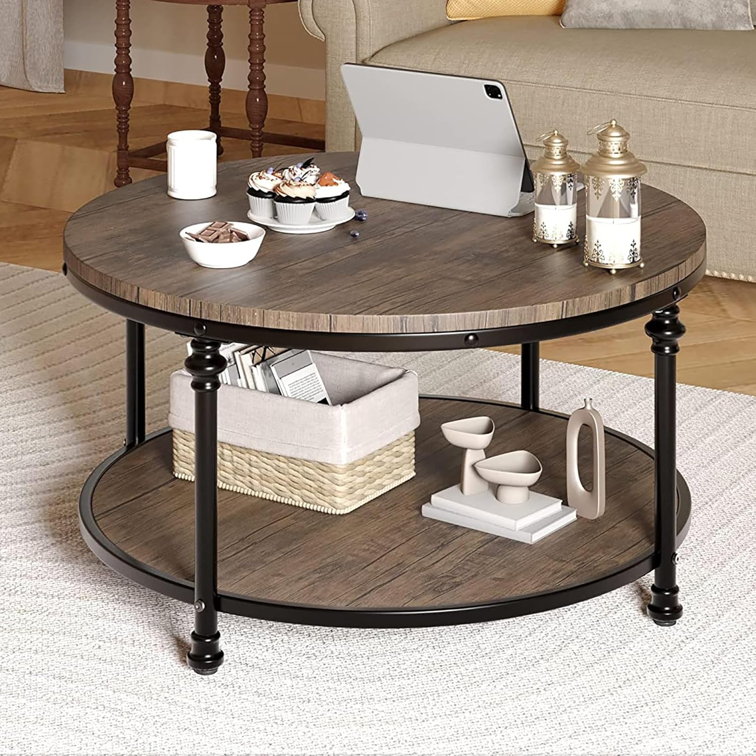 GarveeHome Round Coffee Table 2-Tier Wood Coffee Table with Storage Shelf Circle Center Table Living Room