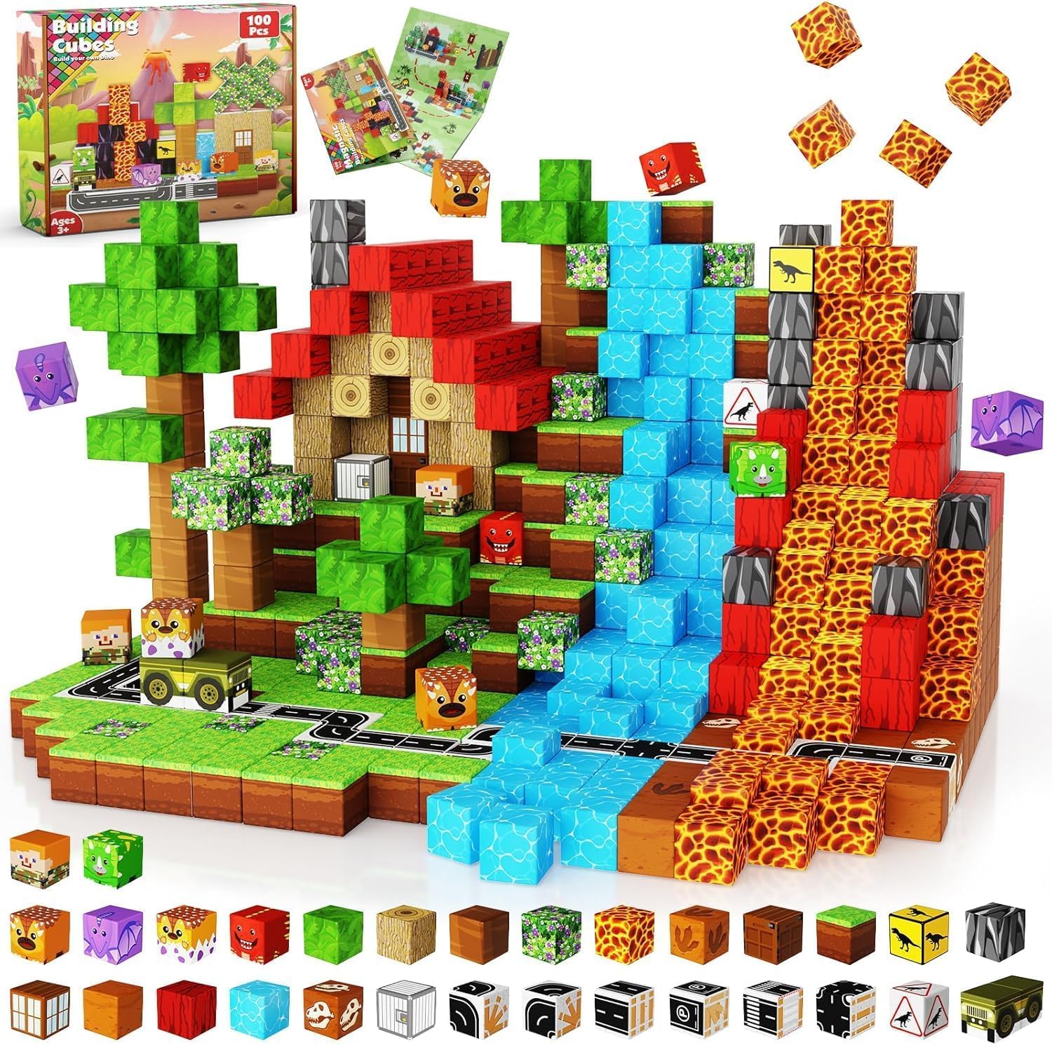 Goody King Costruzioni Magnetiche 100 Pezzi, Set di Blocchi Magnetici per Bambini – Giocattolo Creativo 3D con Dinosauri e Vulcano - Giocattoli Sensoriali STEM Regalo di Pasqua per Ragazzi e Ragazze