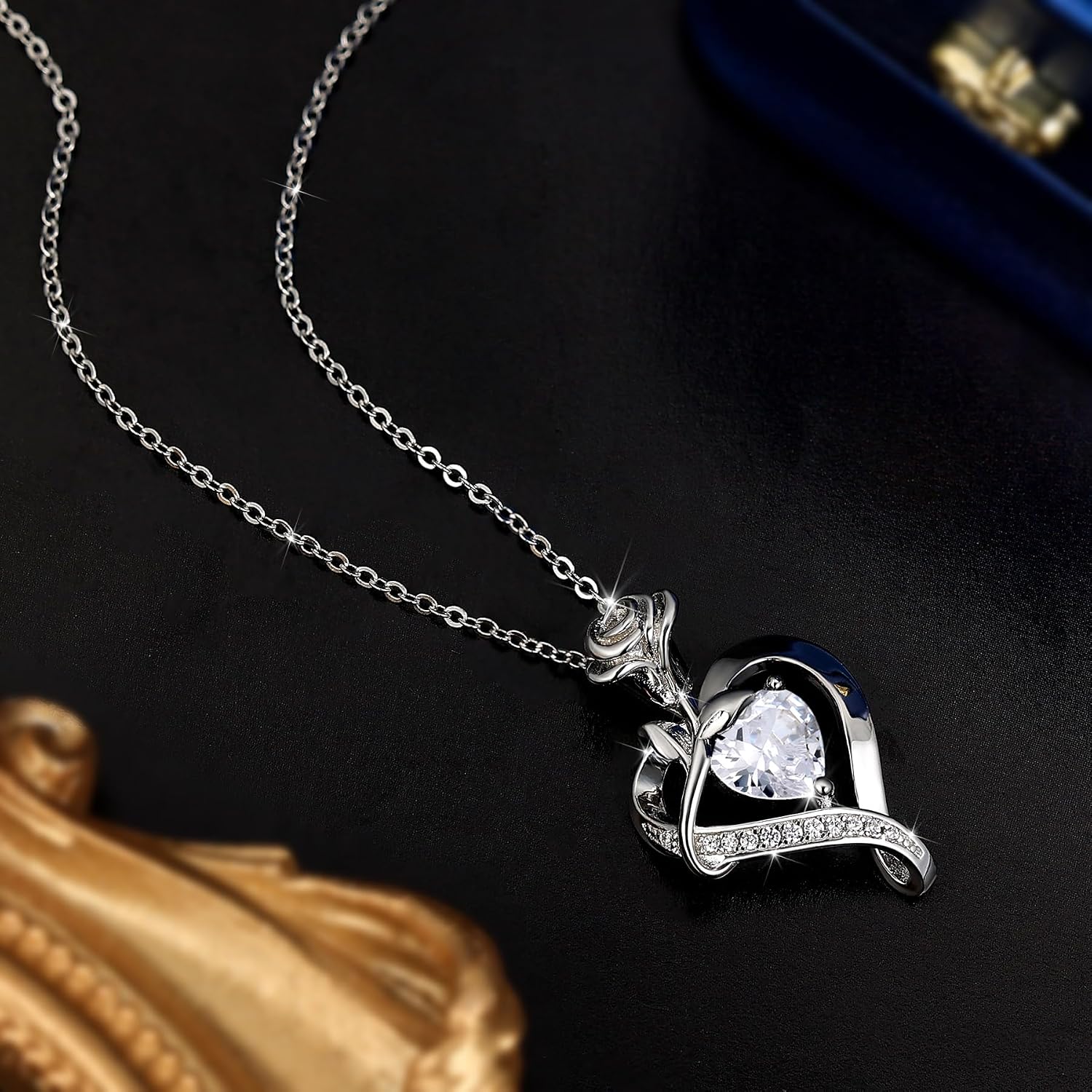 S925 Sterling Silver Rose Flower Dainty Birthstone Heart Necklaces Gifts for Women Jewelry Anniversary Valentines Day Birthday Gifts for Wife Girlfriend Mom