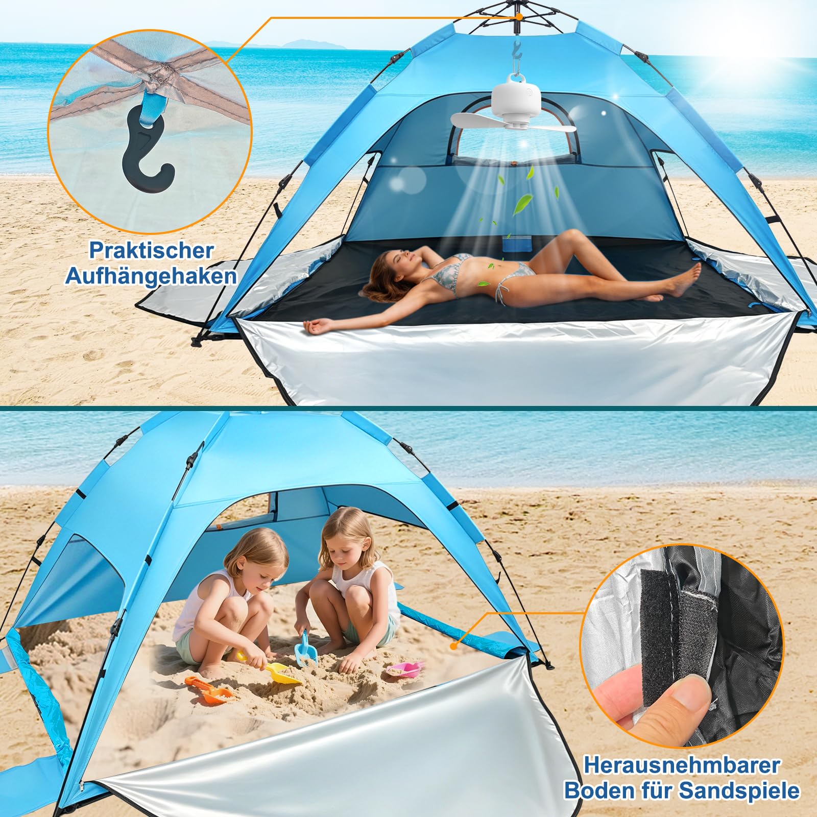 Strandzelt Strandmuschel Pop Up, UV Schutz 50+ Sonnenzelt mit Wasserdichter Strandmatte für 3-4 Personen, 3 Türen Belüftung & herausnehmbarer Boden, Tragbar Windschutz Baby Zelt für Strand Urlaub