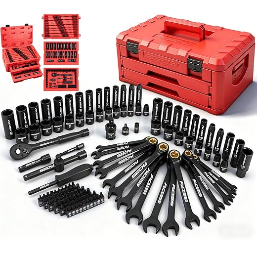 Premium 132-Piece Mechanics Tool Set, SAE/Metric 1/4" & 3/8" Drive Socket Set, Ratcheting Wrenches, Extensions & Adapters, Quick-Release Ratchet, Professional Auto Repair Tool Kit with Storage Case