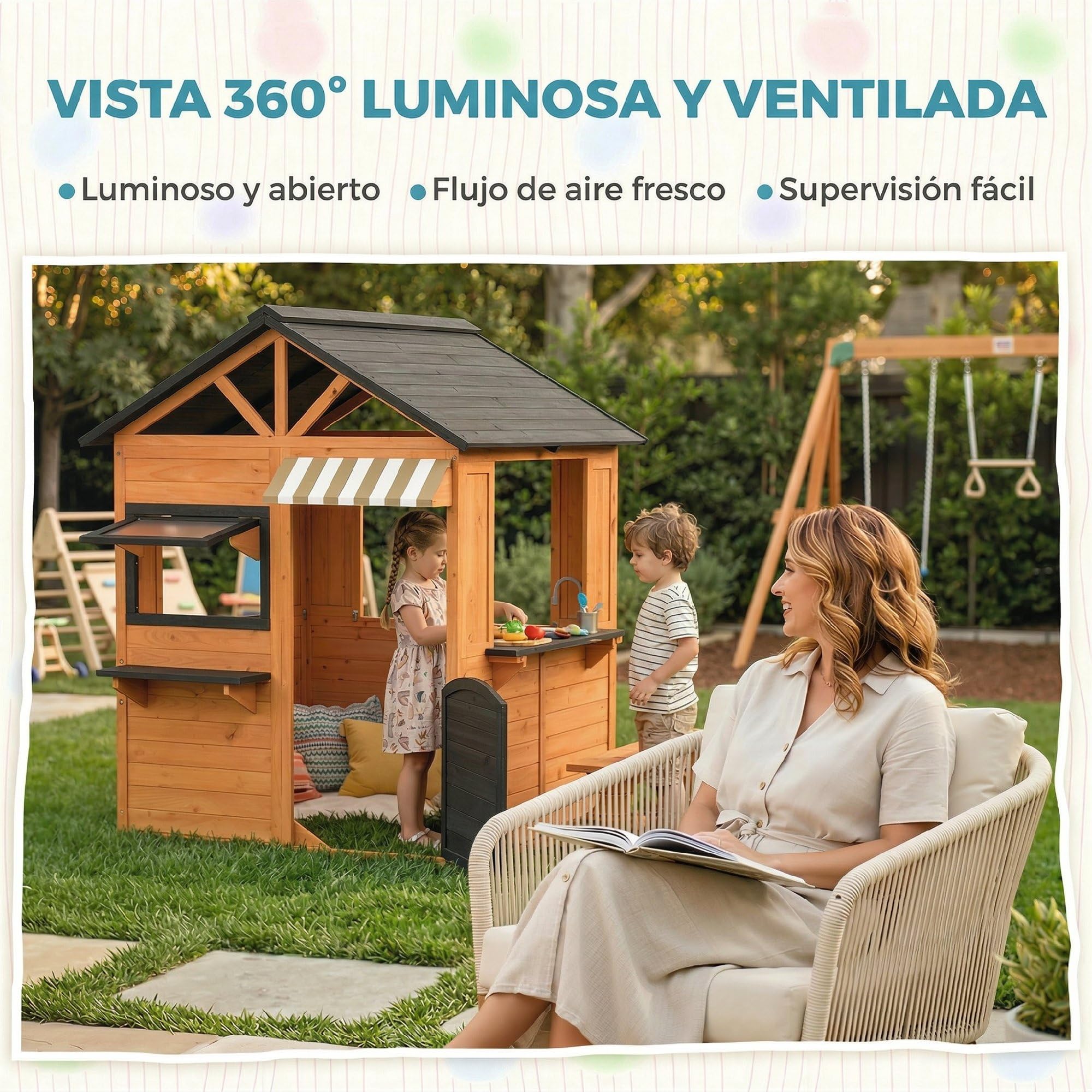 AIYAPLAY Casita Infantil Exterior e Interior de Madera, Casita Infantil Grande con Cocina de Juguete, Banco de Picnic, Ventanas de Servicio, Media Puerta, Casa de Jardín para Niños de 3-8 Años, Marrón
