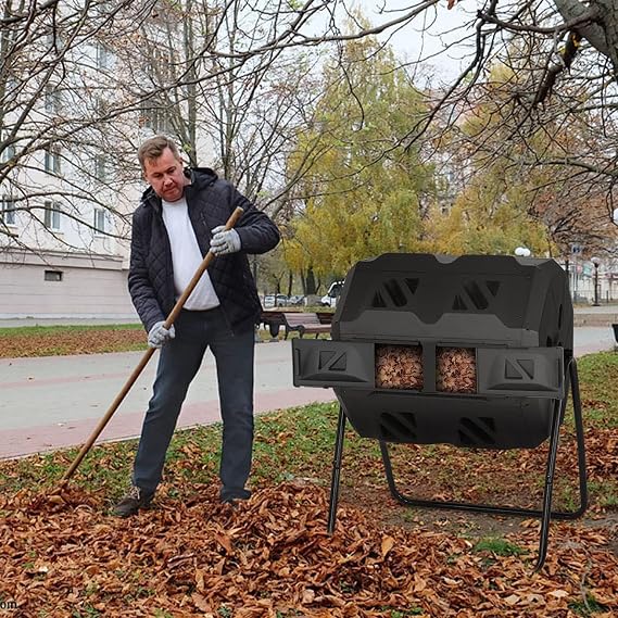 Compost Bin, 43 Gallon Large Capacity Composting Bins Tumbling Composter, Outdoor Composting Bin with 2 Sliding Doors & Solid Steel Frame for Garden Yard