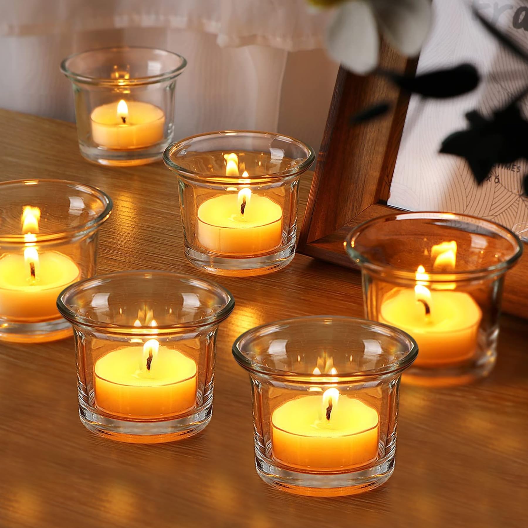TIED RIBBONS Set of 6 Votive Glass Tealight Candle Holders Glass Votive - Decorations Items for Dining Table Decor (Glass, Clear, 6.3 cm X 4.5 cm) - Decorations Items for Home Office Gifts