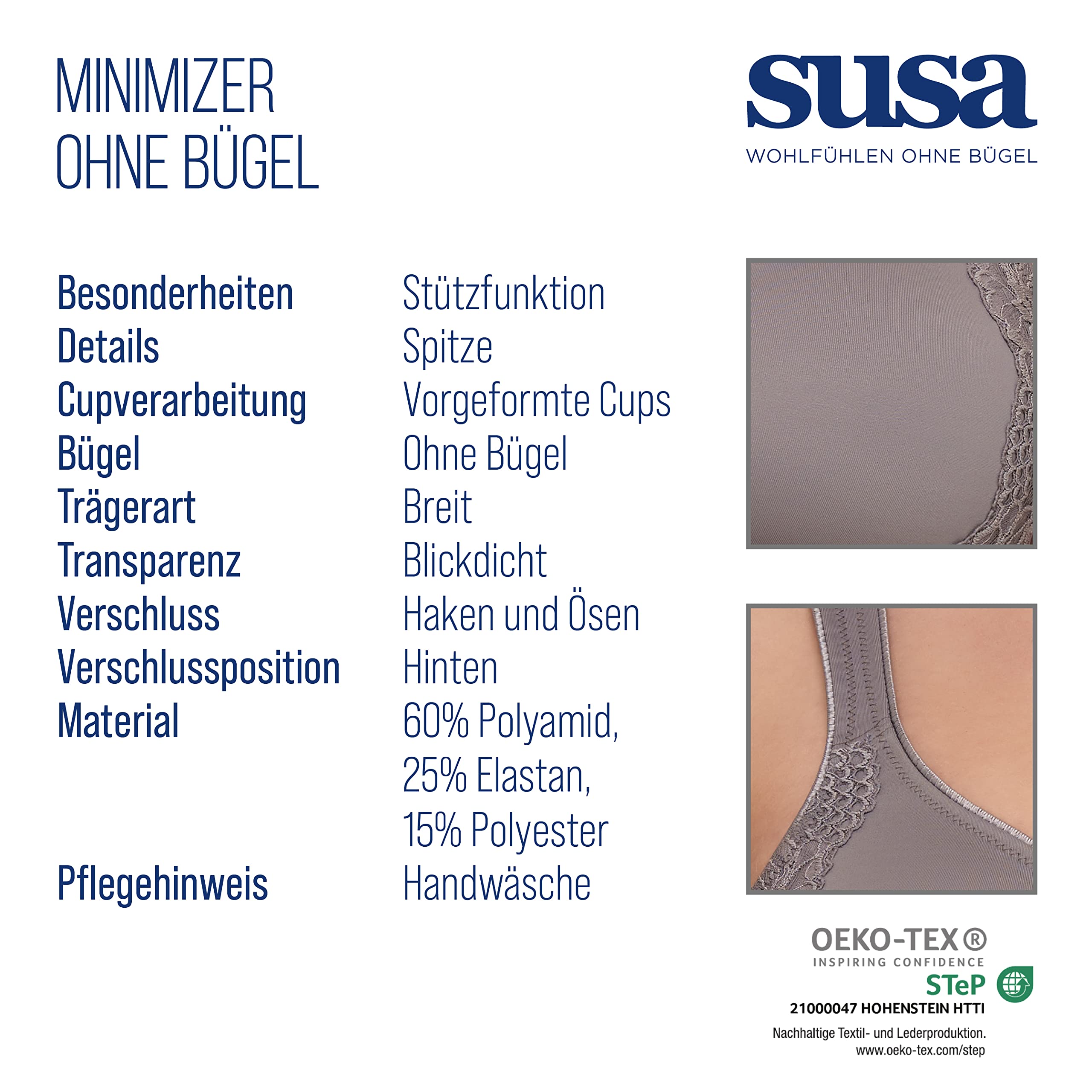 SUSA Minimizer biustonosz damski bez fiszbin I London I biustonosz damski o kroju minimalizującym, optycznie zmniejsza piersi, uformowane miseczki, szerokie ramiączka