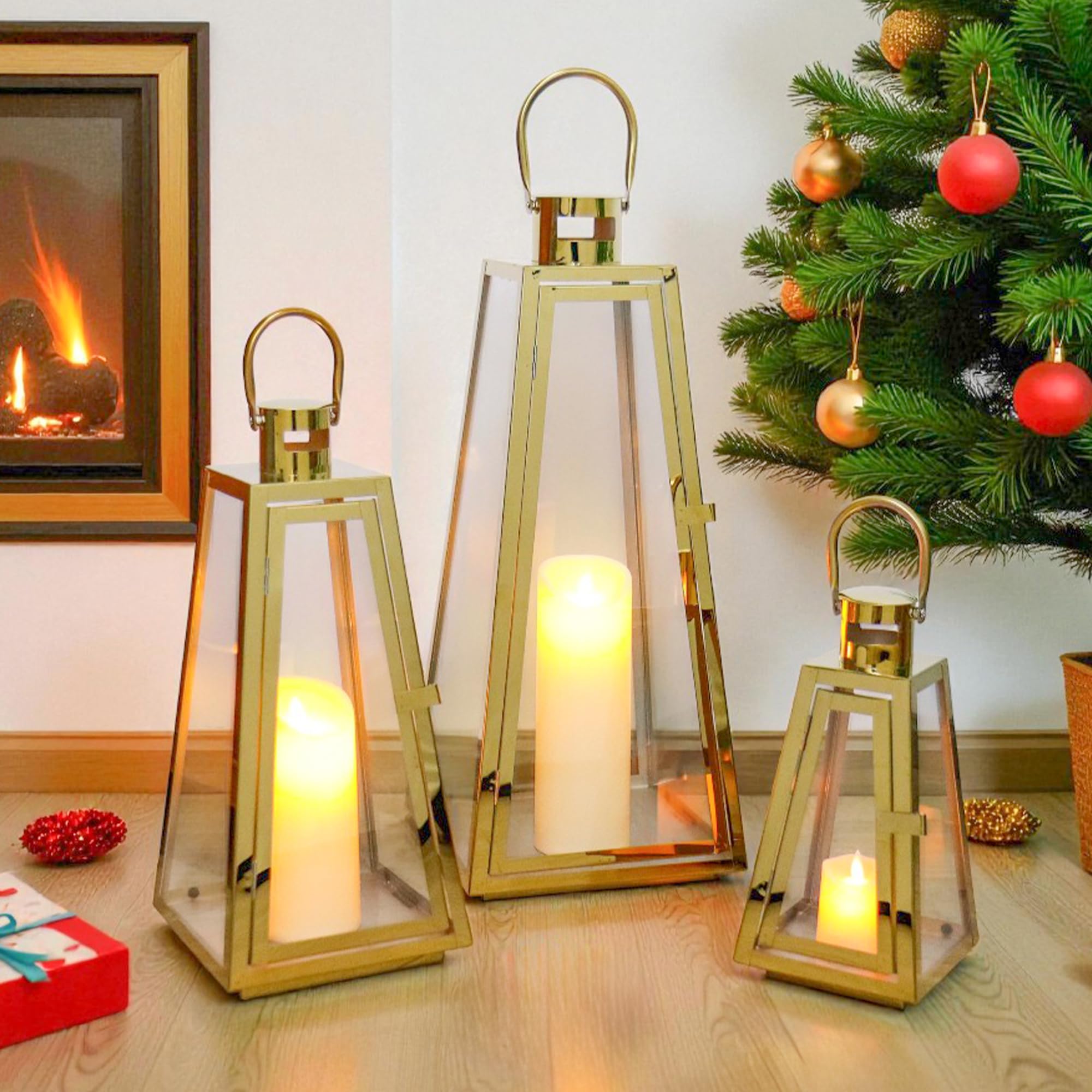 Set of 3 Decorative Hanging Stainless Steel Lantern 54/40/27.5 cm H Metal Outdoor Candle Holder with Tempered Glass for Home Living Room Parties Indoor (Gold Triangle)