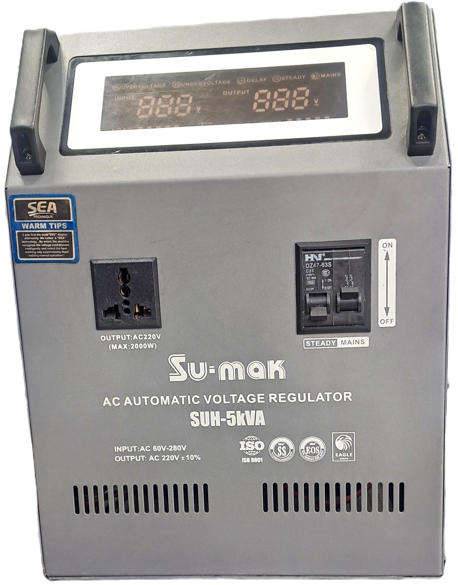 Su-mak AC Automatic Voltage Regulator, SUH-5KVA, 60V-280V Input, 220V +/- 10% Output, 2000W Max