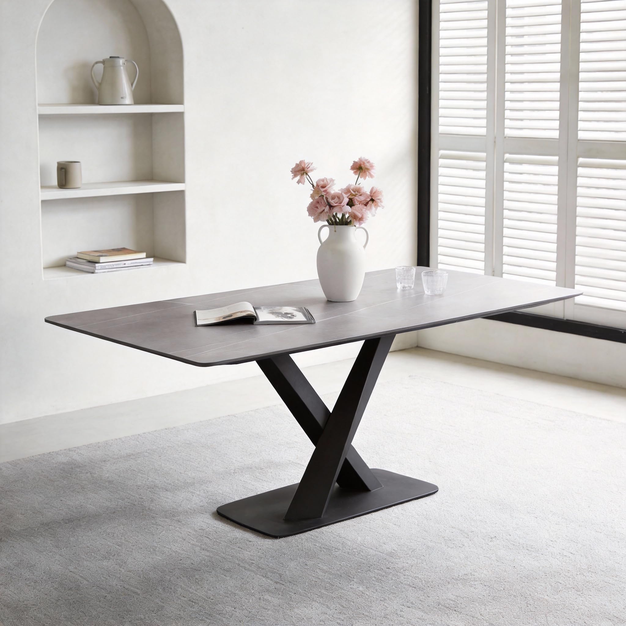CinderWick Armani Grey Sintered Stone Dining Table with Cross Legs