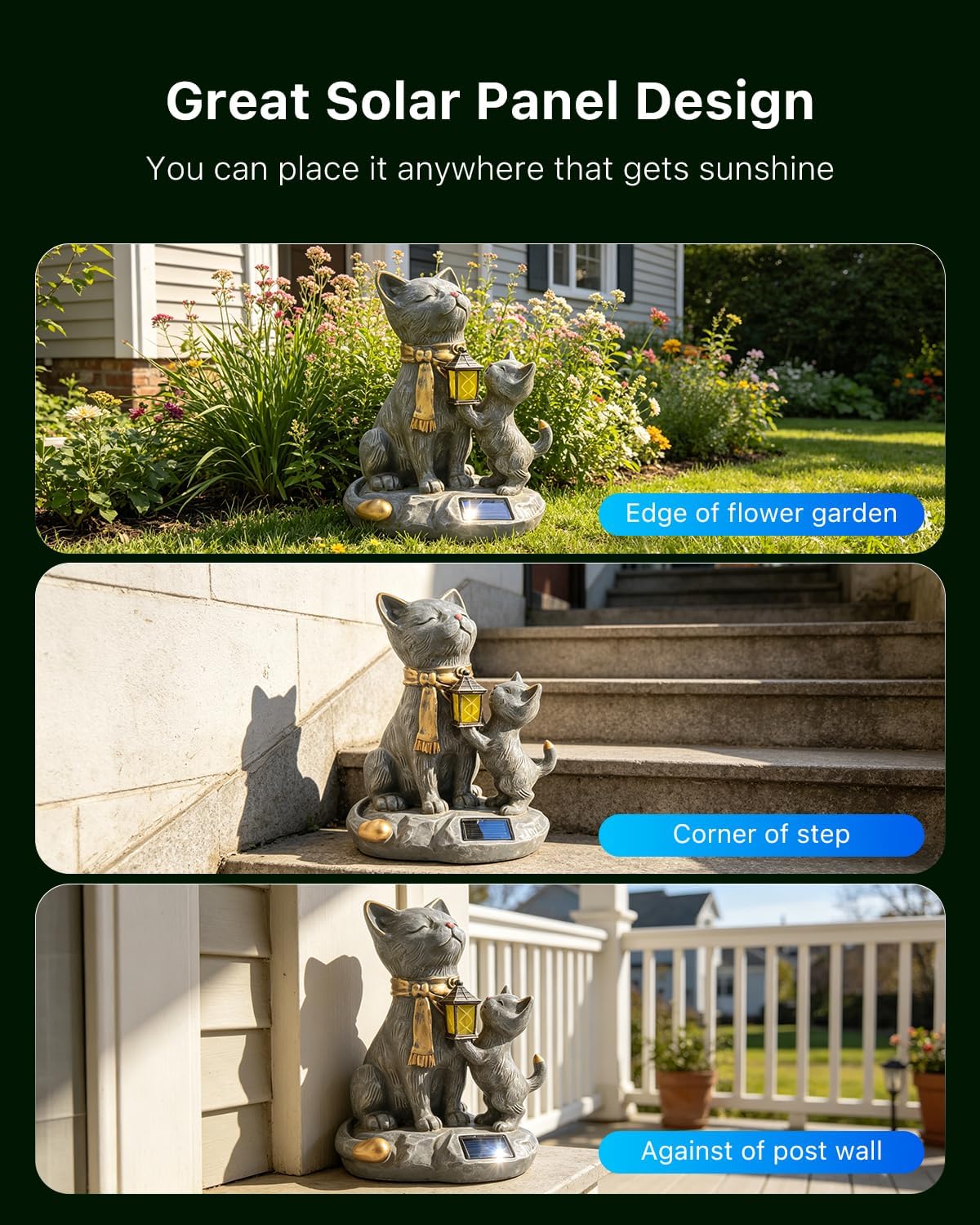 Solar Cat Resin Garden Statues Outdoor Lights with LED Lanterns Waterproof Animal Figurine Outside Decorations for Yard, Patio, Porch, Balcony Ornaments Unique Gardening Gifts for Mom, Grandma, Women