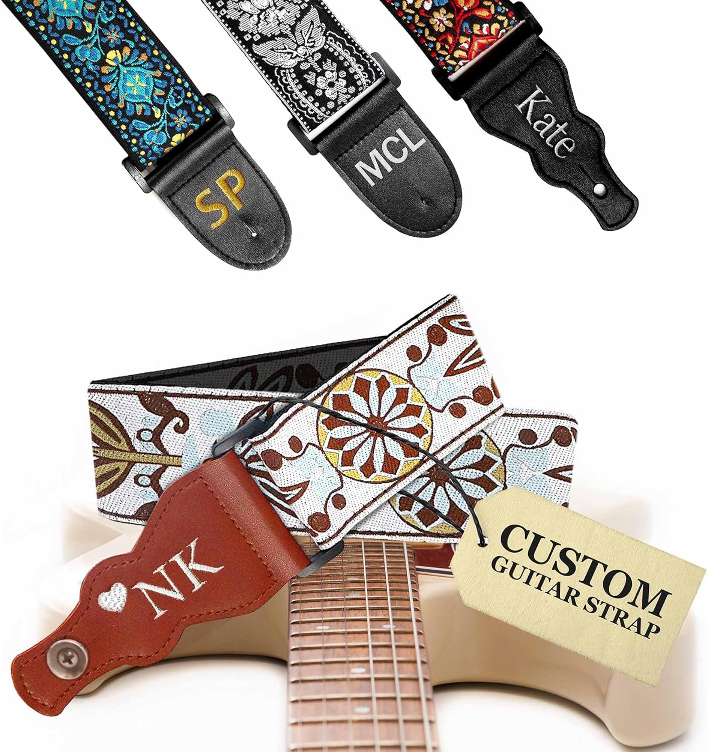 Art Tribute Personalized Guitar Strap White Vintage, including - 2 Picks + Locks + Secure Button. Add Your Text and We Make It Especially For You. Get Your Own Custom Guitar Strap, No Shipping Cost!