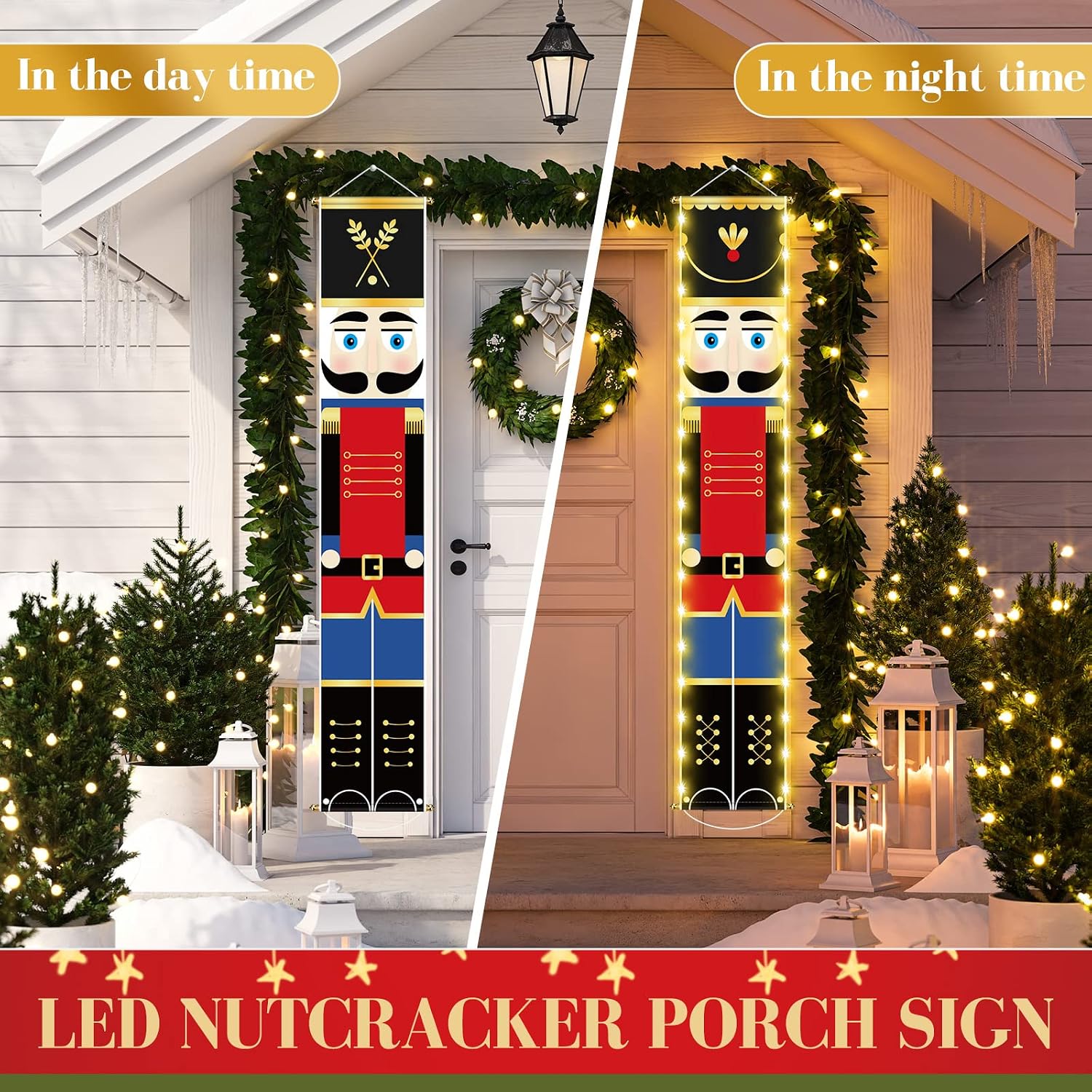 Lounsweer Nutcracker Christmas Decorations Nutcrackers Banners Porch with LED String Lights Xmas Decor Tall Soldier Model Outdoor Banners for Door Yard Holiday(White,Red)