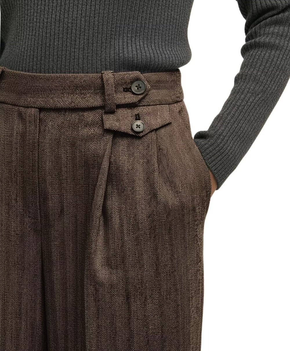 Tweed Herringbone Dress Pants for Women High Waisted Wide Leg Pants Business Casual Long Trousers with Pockets