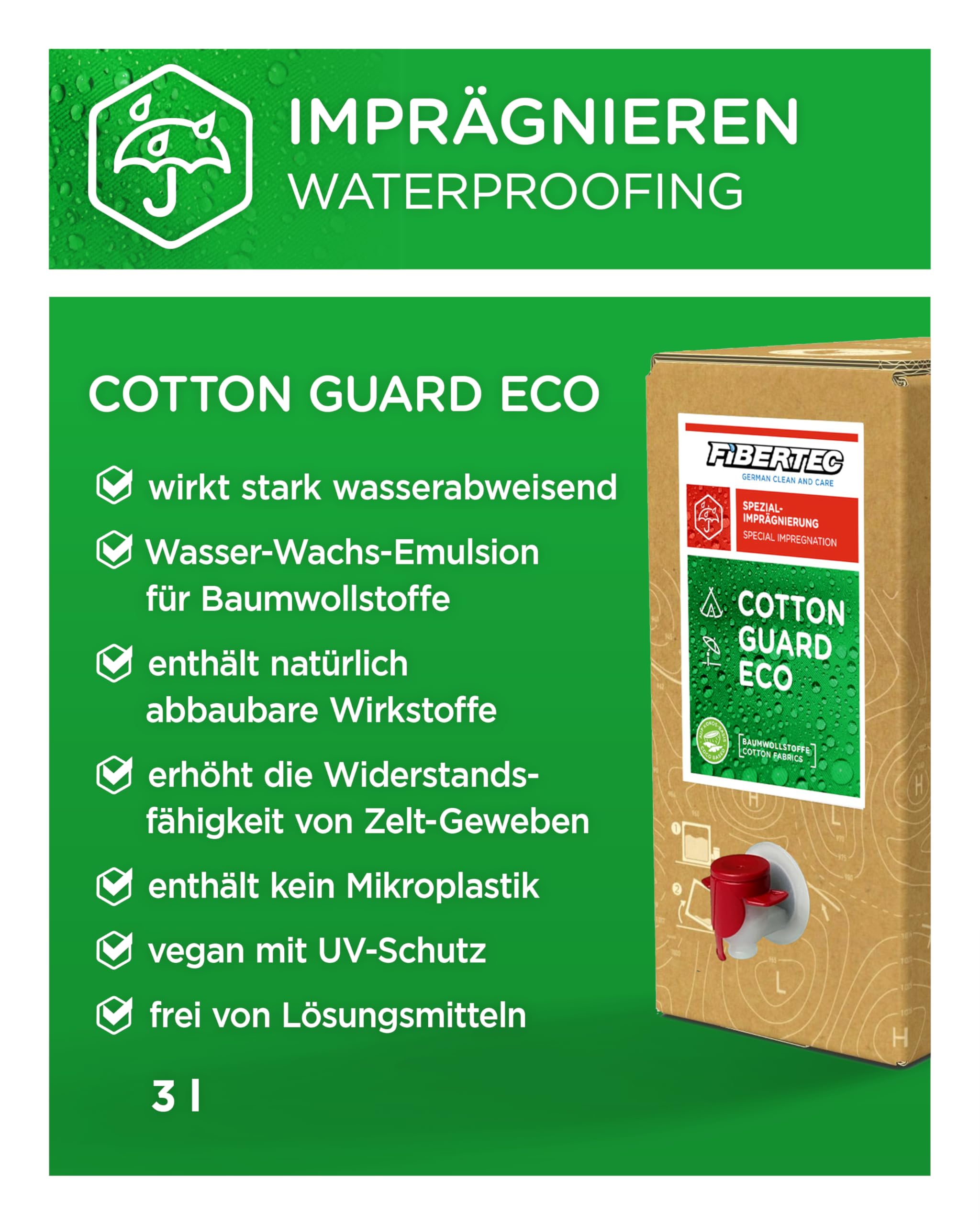 FIBERTEC Cotton Guard Imprägnierung für Baumwolle & Mischgewebe | Stark wasserabweisend. Für Baumwolle, Mischgewebe und Zelte. Wasserbasiert, ohne Mikroplastik, Made in Germany.