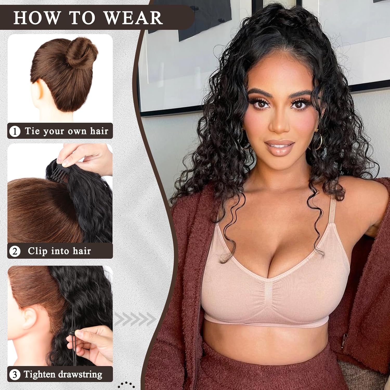 AISI BEAUTY Curly Ponytail Extension, 16 Inch Brown Black Drawstring Ponytail Extension for Black Women Synthetic Curly Wavy Fake Clip in Hairpieces for Daily Use