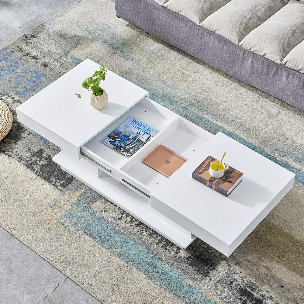 Buy BOJU Modern White Wood High Gloss Coffee Table 2 Tiers with Hidden