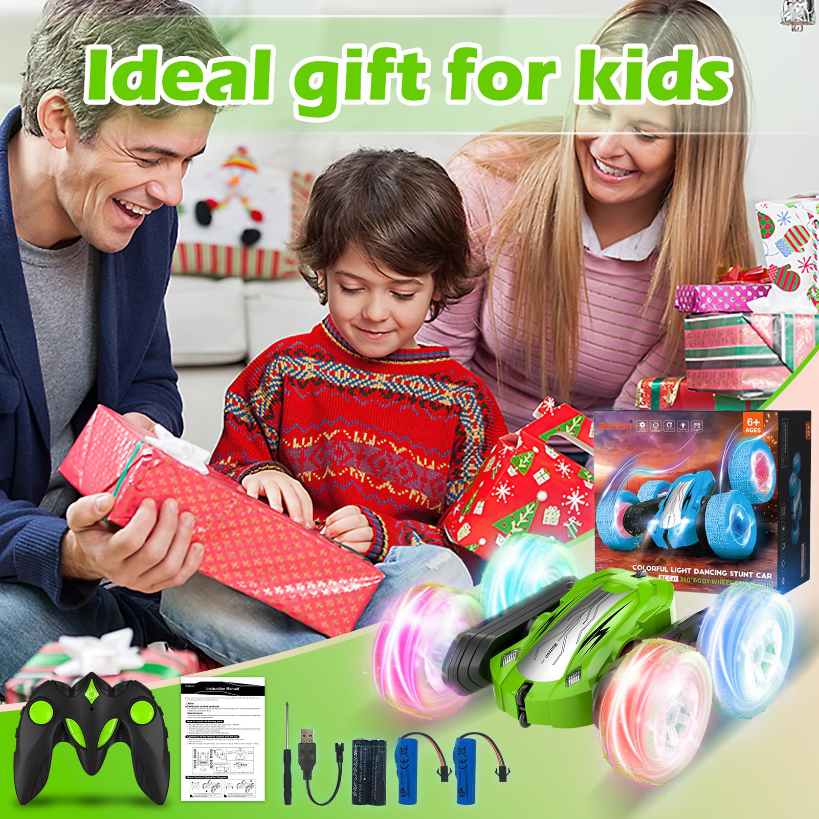 Rodzon Coche Teledirigido,Coche AcrobáTico Camiones 360 Grados De RotacióN,Juguete Niño Regalo 6 7 8 9 12 Años Niña 2.4Ghz Niños Coche Teledirigido con Luces Incluye Batería Recargable (Verde)