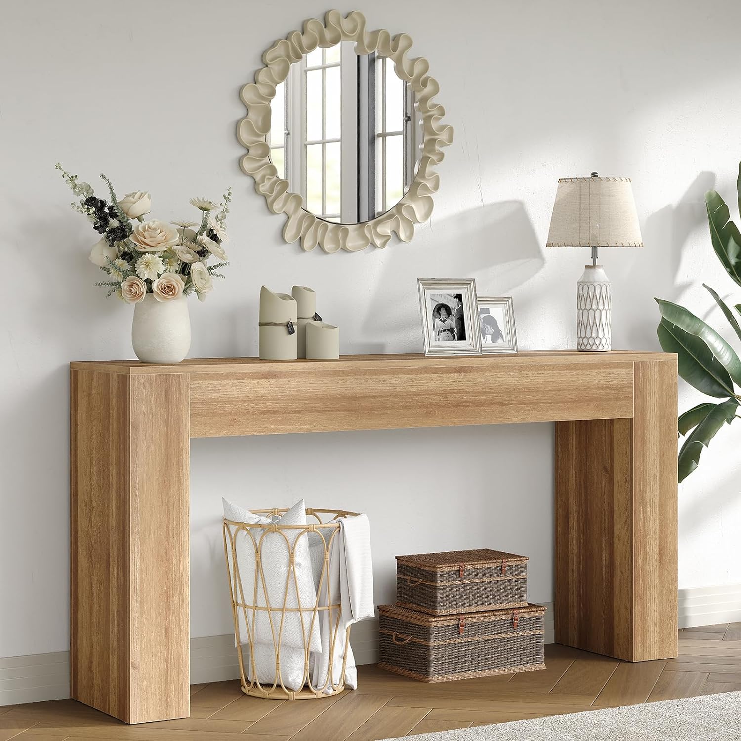 63" Long Console Table, Modern Farmhouse Sofa Table Behind Couch, Rectangular Wood-Finish Entryway Table for Living Room, Hallway, Foyer & Entrance, Wobble-Free Design, Natural