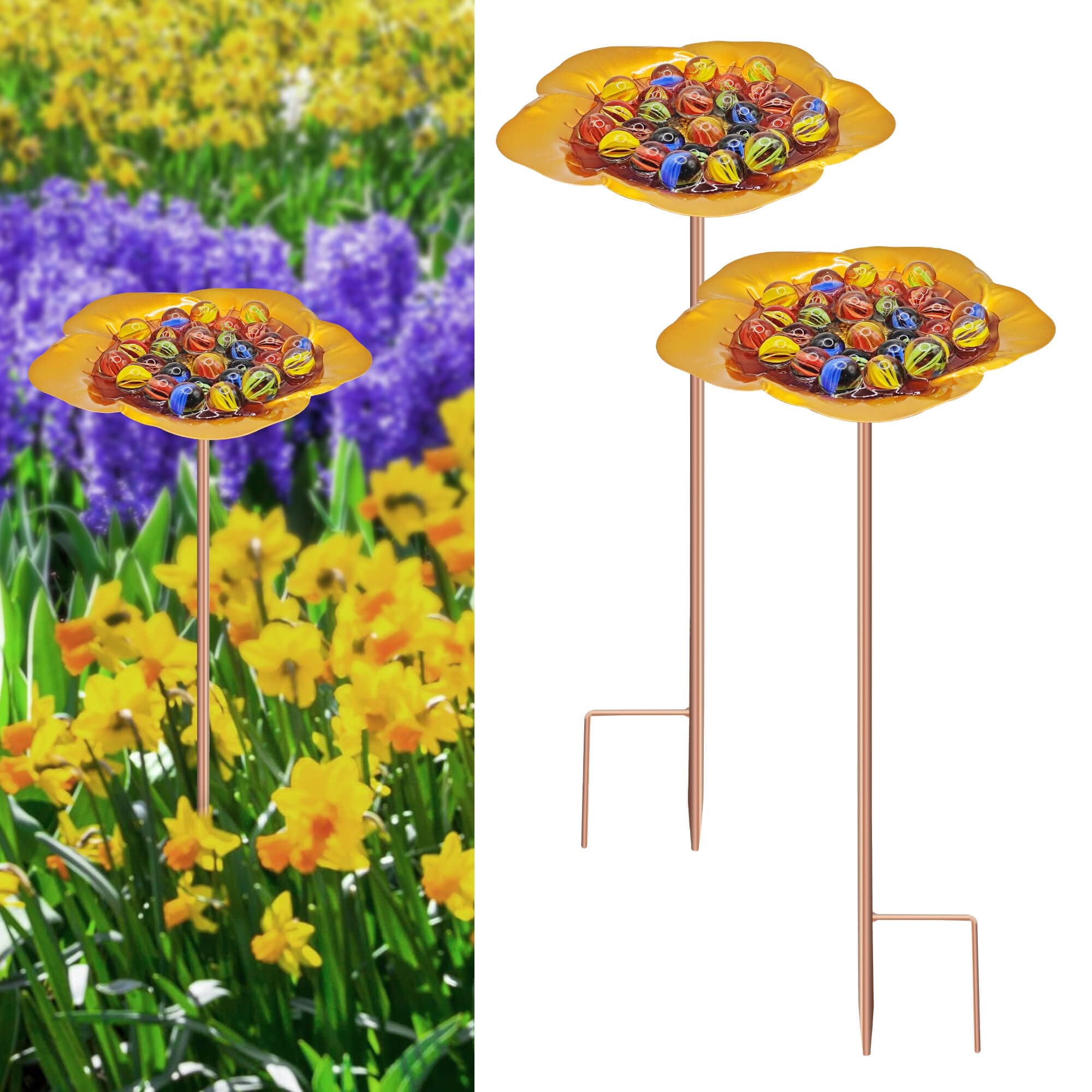 Large Bee Watering Station-Golden Butterfly Puddler Bee Bath &amp; Feeder with Metal Stakes - 30 Glass Marbles, Vivid Flower Design, Garden Yard Decor (Golden-2PACK)