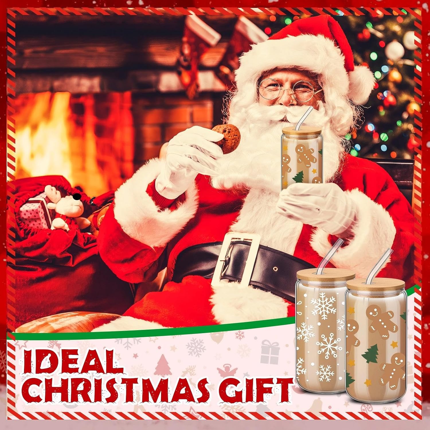 SiliFine 4 Pcs Christmas Green Glass Cups with Lid and Straw 16 oz Christmas Drinking Glasses Xmas Iced Coffee Cups Can Shape Xmas Mug Tumbler for Women Men Birthday Party Favor Gift