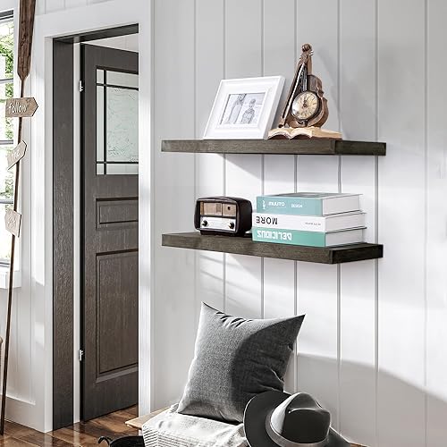 Miniatura 2 de Estantes flotantes Axeman para pared, juego de 2 estantes flotantes de madera gris de 24 pulgadas, estantes flotantes de pared rústicos de 24