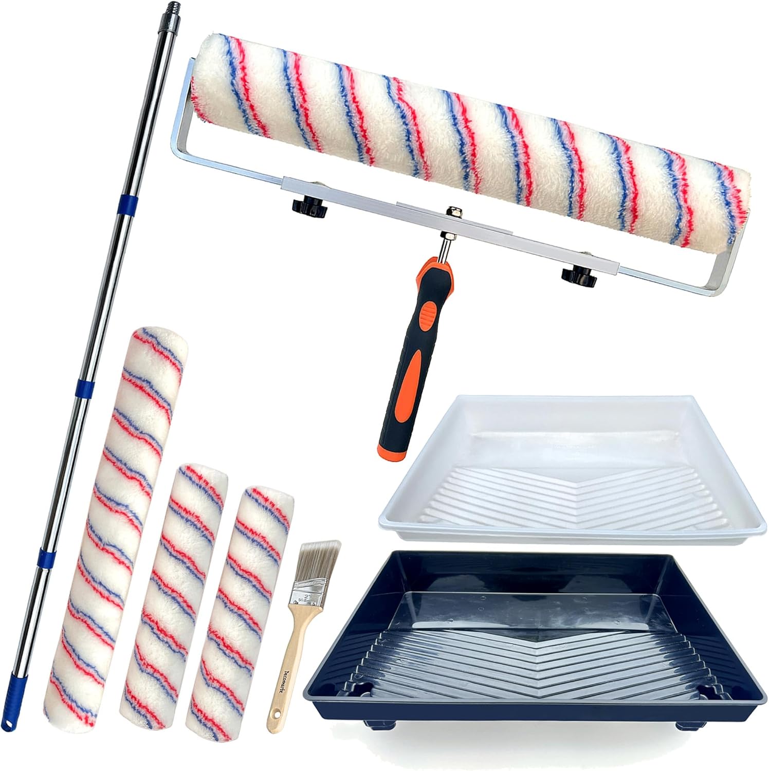Paint Roller Kit with Extension Pole Adjustable Frame 12 Inch 18 Inch Microfiber Covers, Extra-Large Stain Roller Brush Tray Liner Set for Walls Ceilings Interior Exterior Painting