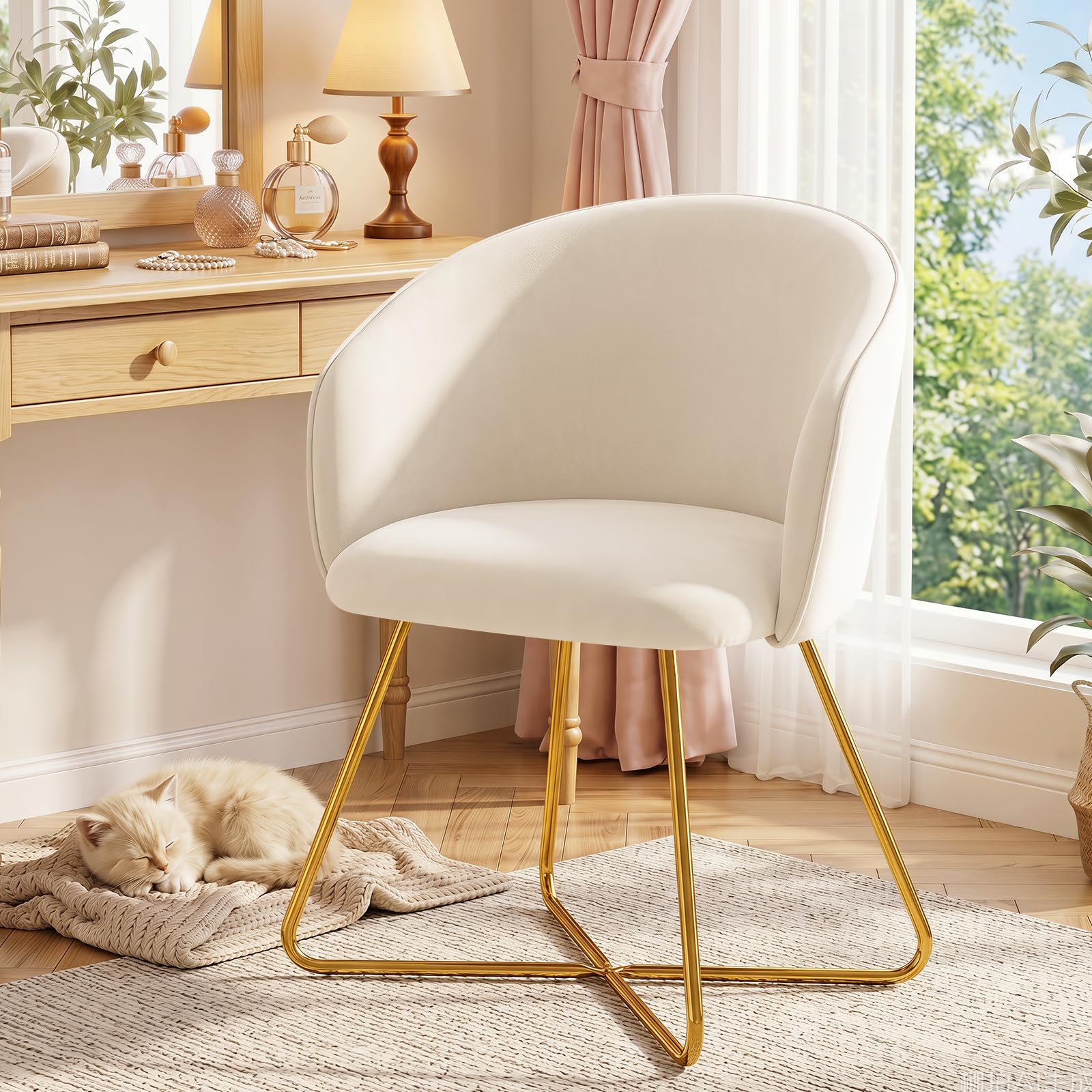 Hellove Silla para Tocador Maquillaje with Gold Metal Legs, Butaca Dormitorio con Respaldo Curvado, Silla Ocio, Sillón de Hogar Moderno, Tapizada Terciopelo para Sala de Estar/Salon, Beige
