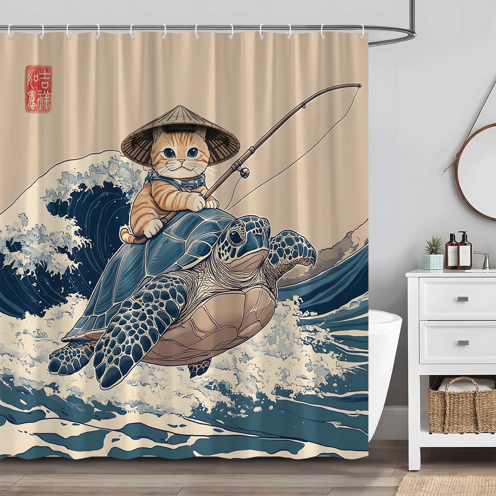 ZQANZQ Japanese Cat Shower Curtain Cute Cat Riding Turtle Vintage Blue Ocean Waves Asian Abstract Sea Animal Funny Bathroom Curtains Set with Hooks