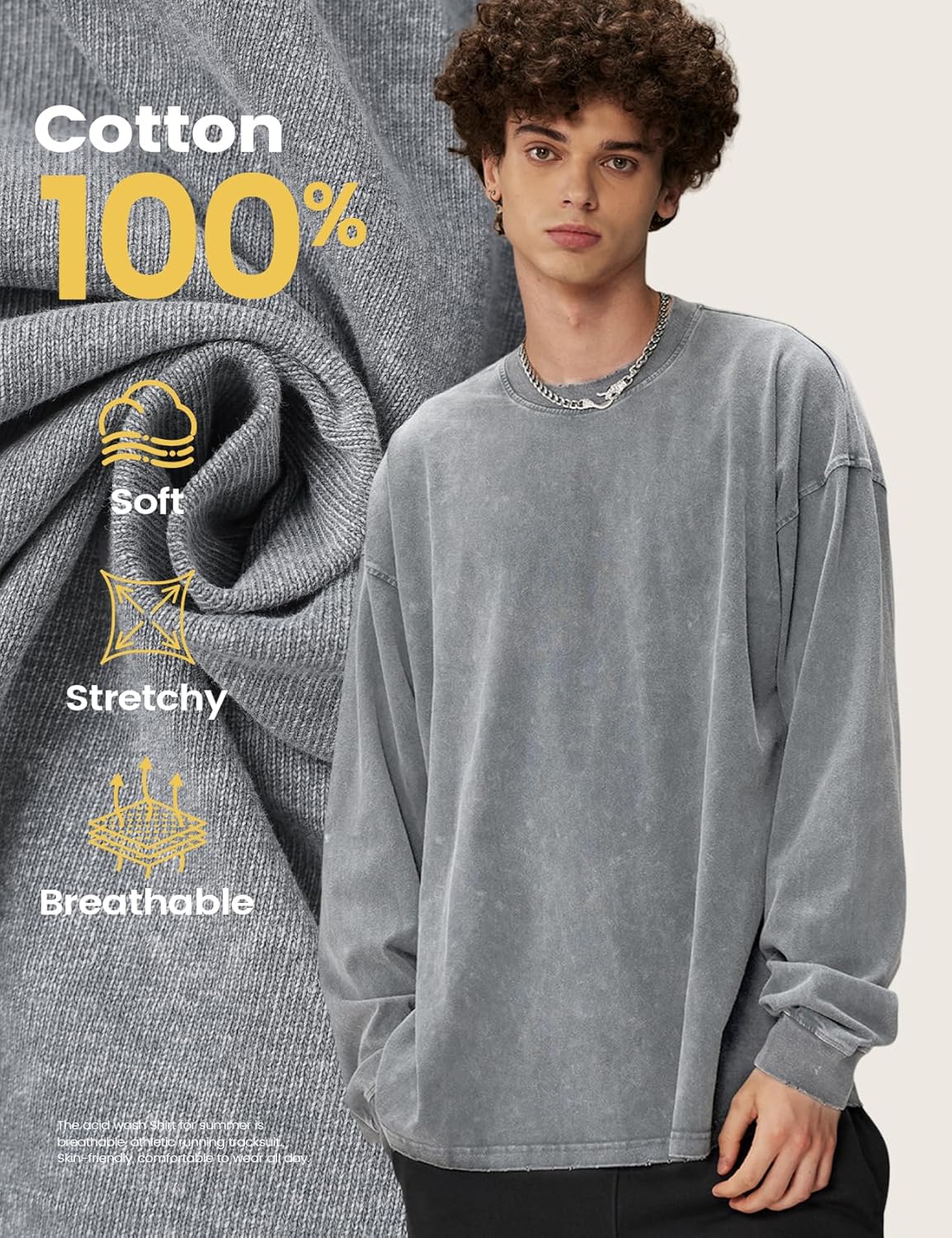 Yimoon Oversized Tshirts for Men Cotton Long Sleeve Shirts Vintage Acid Wash Baggy Tees Casual Crewneck T-Shirt - Image 4