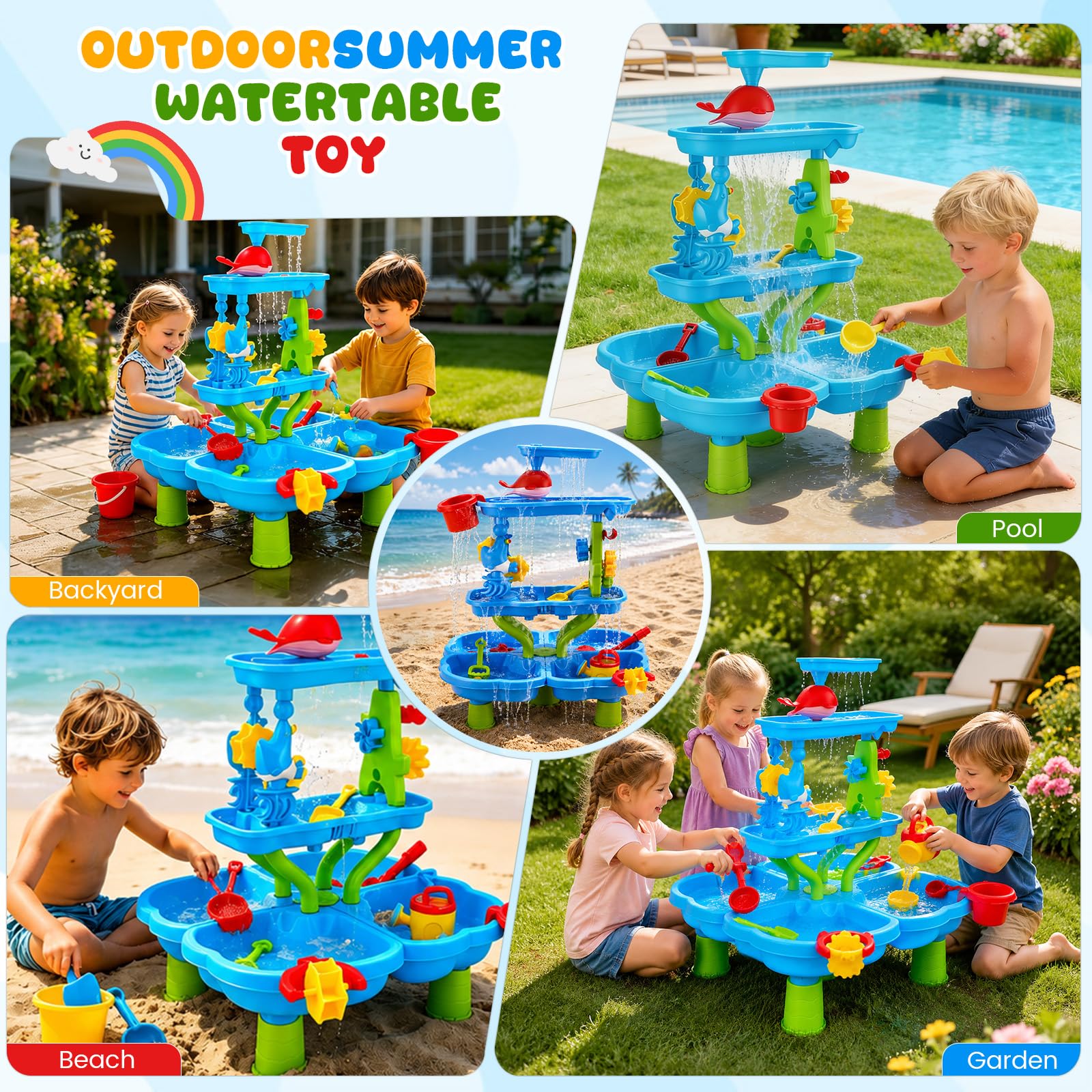 Mesa de juegos acuáticos para niños al aire libre, mesa grande de agua de 4 niveles, mesa de arena y agua para jardín, exterior y playa, juego de actividades con accesorios de juguetes de