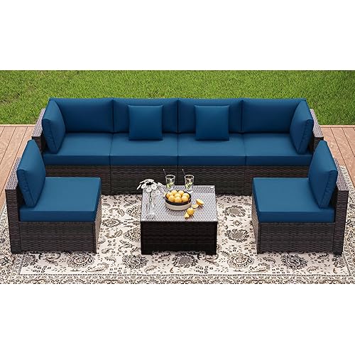 7 Pieces Patio Furniture Sets, Outdoor Furniture Patio Conversation Set, All Weather PE Rattan Sectional Sofa with Cushions and Glass Table (Brown-Peacock Blue,7 Pieces-S)