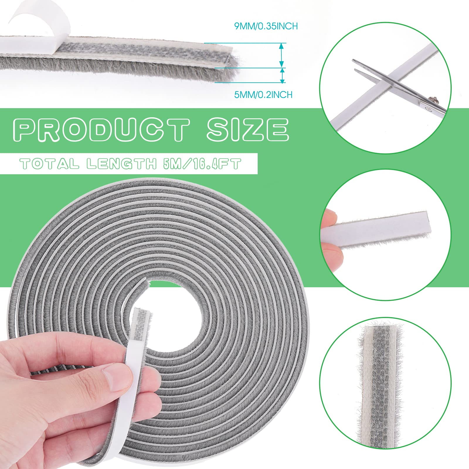 Prasacco Brosse adhésive 5 m pour joint de cadre de porte/fenêtre, feutre haute densité, gris