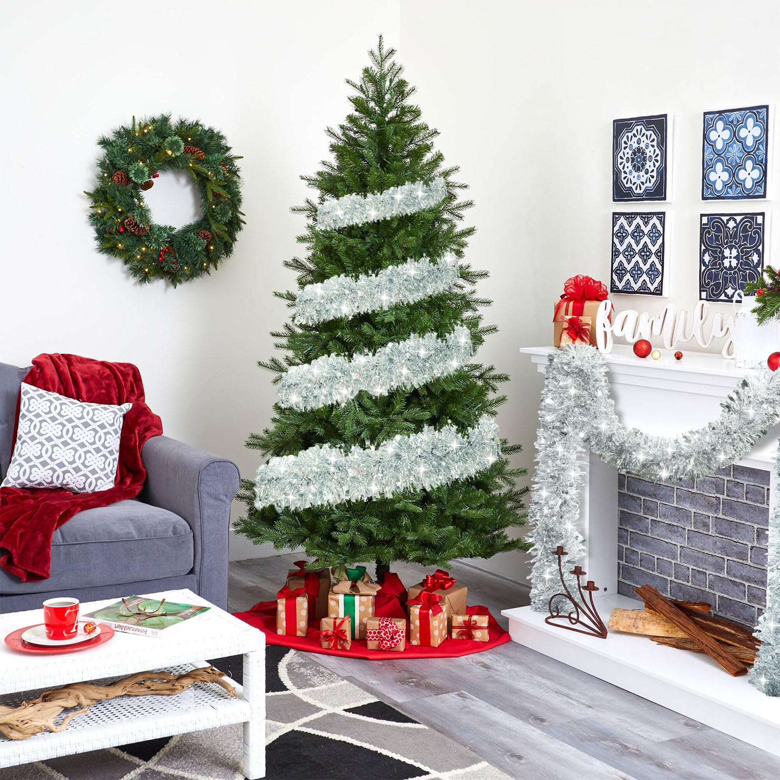 50Ft Christmas Garland Red Christmas Tinsel Garland Christmas Metallic Twist Garland Ceiling Hanging Christmas Tree Garland for Indoor Outdoor Xmas Tree Door Stair Fireplace New Year Christmas Decor