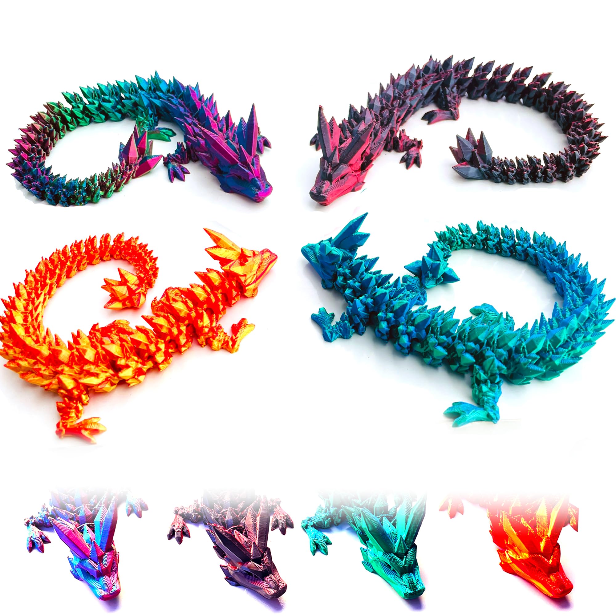 4pc 3D Printed Dragon Fidget Toys, 4Pcs 12Inch Articulated Crystal Dragons | Flexible Dragon Toys & Collectible 3D Printed Dragons