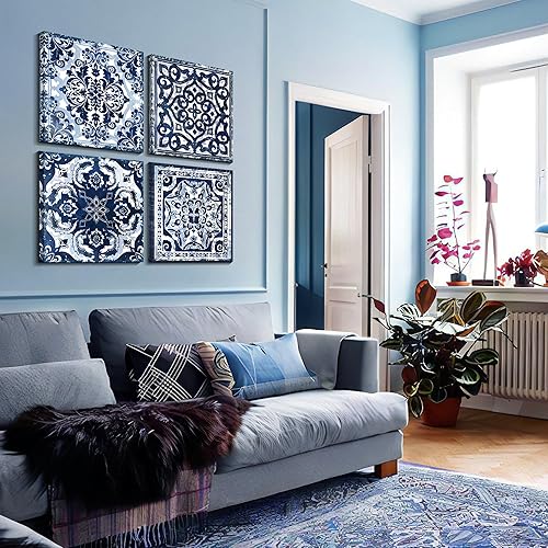 Miniatura 2 de Mofutinpo - Decoración de dormitorio, lienzo índigo estampado de flores para colgar en pared, impresiones de cuadros abstractos modernos en azul